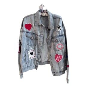 POL Denim Jean Jacket Medium Patches Love Artwork Concert Festival Unique NEW